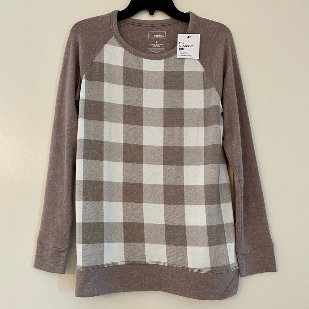 Sonoma Checkerboard Sweater S Taupe/White NWT